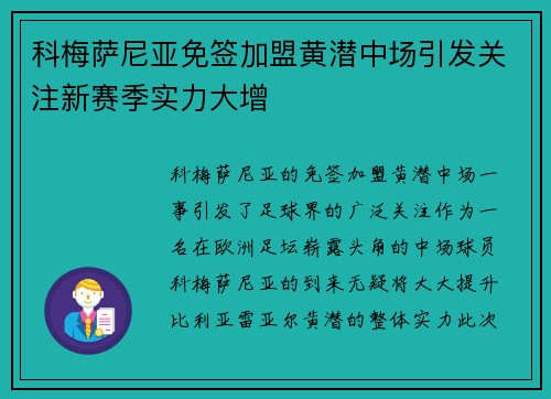 科梅萨尼亚免签加盟黄潜中场引发关注新赛季实力大增
